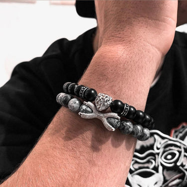 Man Bracelets - Men’s Beaded Bracelets - Black Lion with Black & Grey Stones Set - Men’s Bracelet Bracelet Brother & Sisters